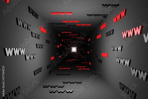 WWW symbols sign in black tunnel background 3d render. Hypertext transfer protocol secure web 3