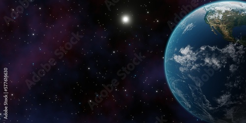 Beautiful 3d earth planet 3d render. Concept of climate change  dark night  cities lights  sunrise. World planet satellite  Stars  nebula and galaxy. Sunrise from outer space