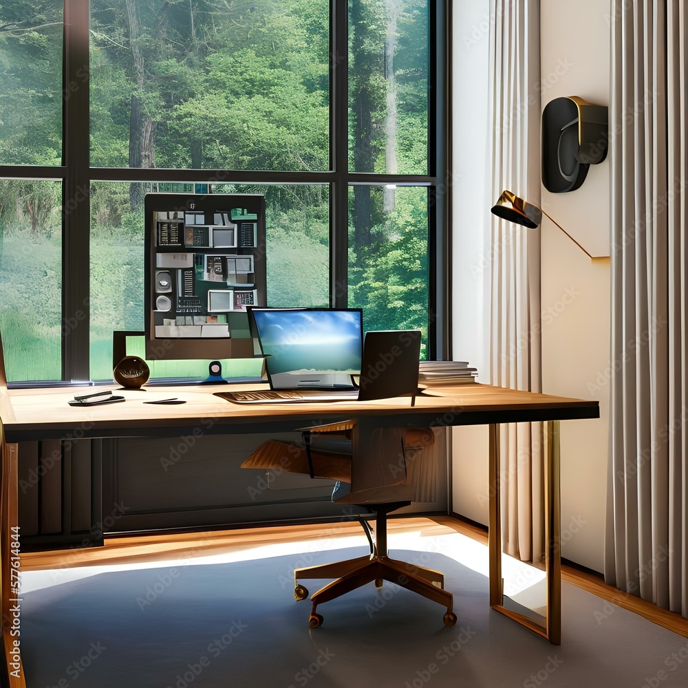 Fototapeta premium A home office with a desk and a computer2, Generative AI