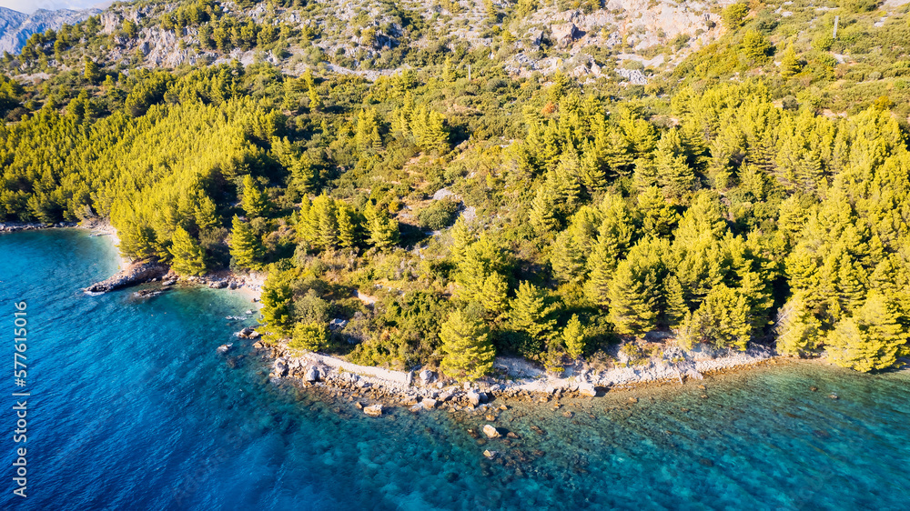 The magnificent view of the coastline and beach near Podgora in Croatia on the Makarska Riviera has been captured through aerial photography.