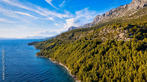 The magnificent view of the coastline and beach near Podgora in Croatia on the Makarska Riviera has been captured through aerial photography.