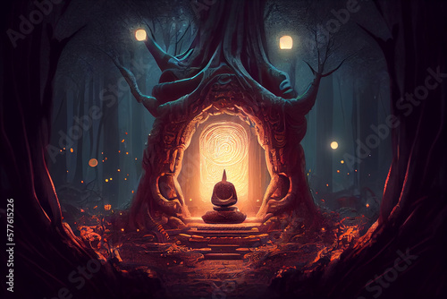 Buddha purnima vesak spirit in a mystical arcane forest. Generative AI