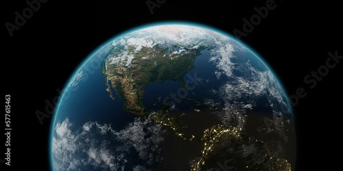 Fototapeta Naklejka Na Ścianę i Meble -  Earth planet with lights on black background 3d render. World planet satellite, Stars, nebula and galaxy. Concept of climate change, dark night, cities lights, sunrise. Sunrise from outer space