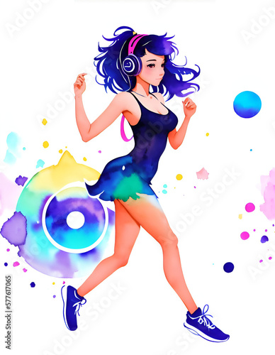 girl with headphones, running, jogging