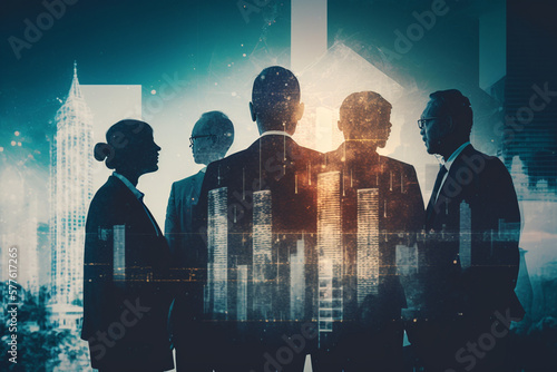 Valokuva 都会のオフィスビルを背景に、多くのビジネスマンが会議をしている二重露光画像です。チームワーク、信頼、合意というコンセプトGeneretiveAI