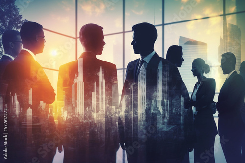 Fotografie, Tablou 都会のオフィスビルを背景に、多くのビジネスマンが会議をしている二重露光画像です。チームワーク、信頼、合意というコンセプトGeneretiveAI
