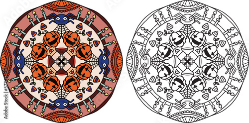 Halloween mandala with Jack O’ Lanterns, spiders, and candles elements. Hand-drawn lines. Doodles art for greeting cards, invitations or posters. Coloring book for adults and kids.
