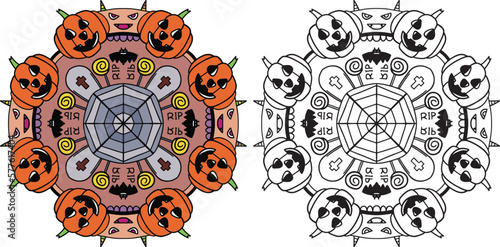 Halloween mandala with Jack O’ Lanterns, cute monsters, and bats elements. Hand-drawn lines. Doodles art for greeting cards, invitations or posters. Coloring book for adults and kids.
