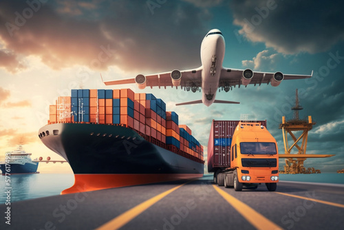 Transportation and logistics of container cargo ship and cargo plane, Generative AI