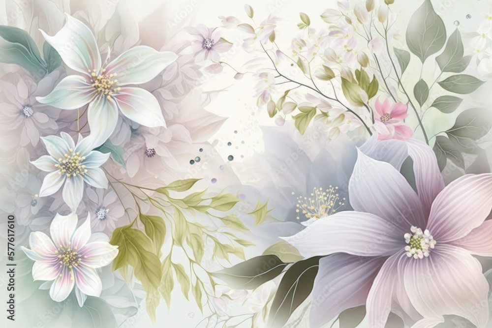 Pastel spring flowers background with light colors on a white backdrop - Generative AI Pastel spring flowers background with light colors on a white backdrop - Generative AI