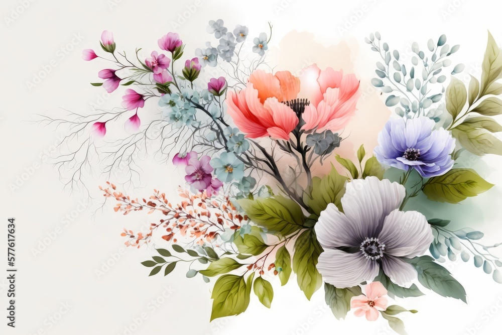 Spring bouquet of flowers background with red purple white and pink flowers - Generative AI