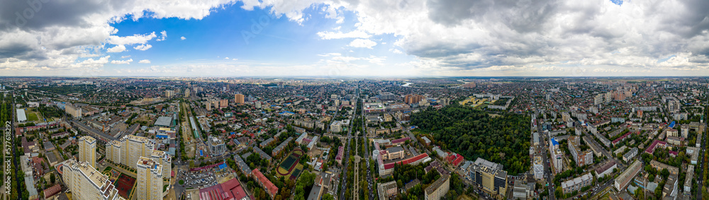 Krasnodar, Russia - August 27, 2020: Summer aerial view of the city. Red Street (Krasnaya). Panorama 360