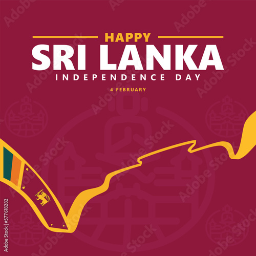 Sri Lanka independence day vector illustration with a long flag and a Buddhist temple icon. South Asian country public holiday greeting card. Suitable for social media post.