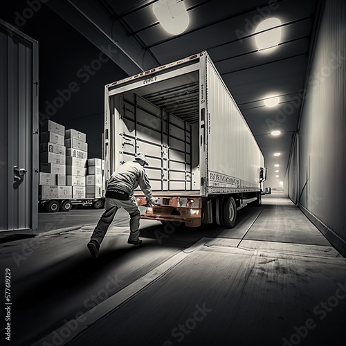 Leinwand Poster A truck driver using a hand truck to move boxes from the back of the container t