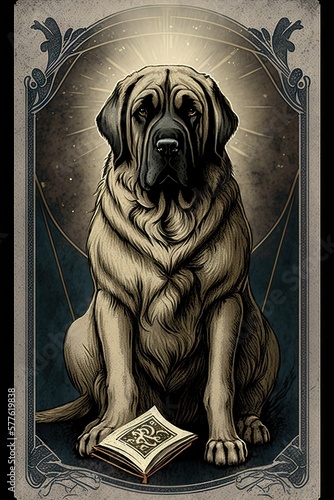 Designer Illustration of Ancient Mythological Majestic English Mastiff dog Animal in the Artistic Tarot Card Style: Vibrant Colors Intricate Details Magic Mythology generative AI photo