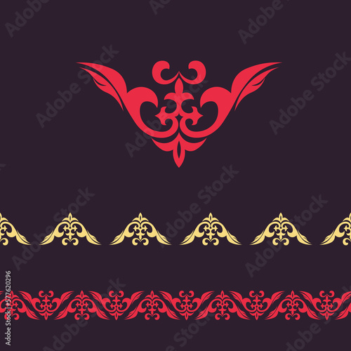Set of 2 seamless border end 1 ornament with motifs of Kazakh, Kyrgyz, Uzbek, national Asian decor for borders, textile, plate, tile, and print design. Workpiece for your design.	