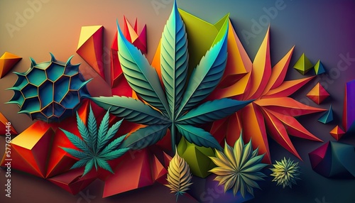 Beautiful Designer 420 Cannabis Seasonal Background with 3D shapes designs Vibrant color Modern Wallpaper Template with Vibrant Hues for Presentation, Ad, and All Applications (generative AI)