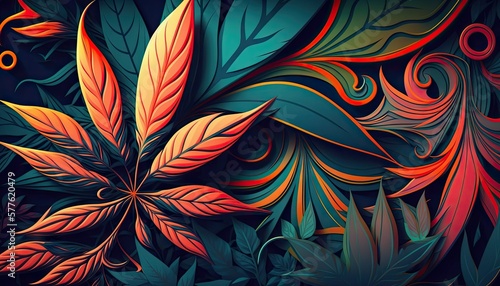 Beautiful Designer 420 Cannabis Seasonal Background with Abstract patterns Bold color Modern Wallpaper Template with Vibrant Hues for Presentation, Ad, and All Applications (generative AI) © Get Stock