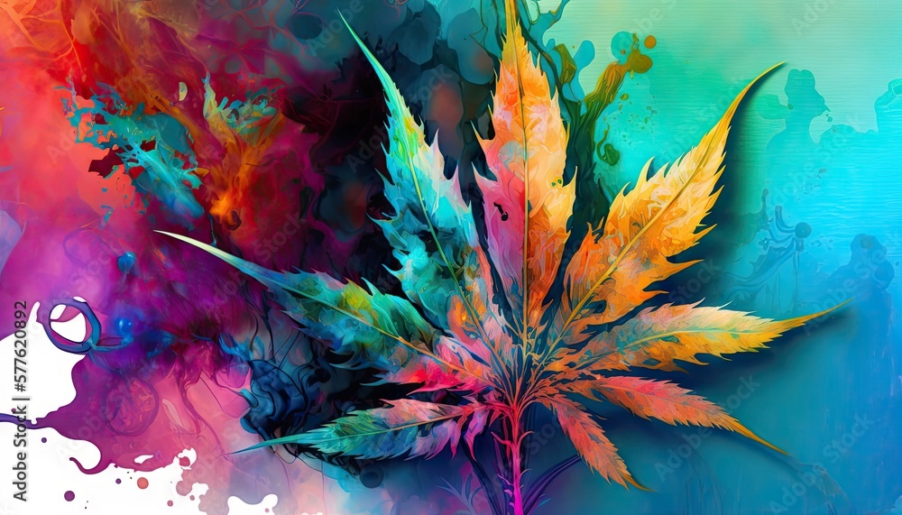 Beautiful Designer 420 Cannabis Seasonal Background with Alcohol ink painting Bright color Modern Wallpaper Template with Vibrant Hues for Presentation, Ad, and All Applications (generative AI)