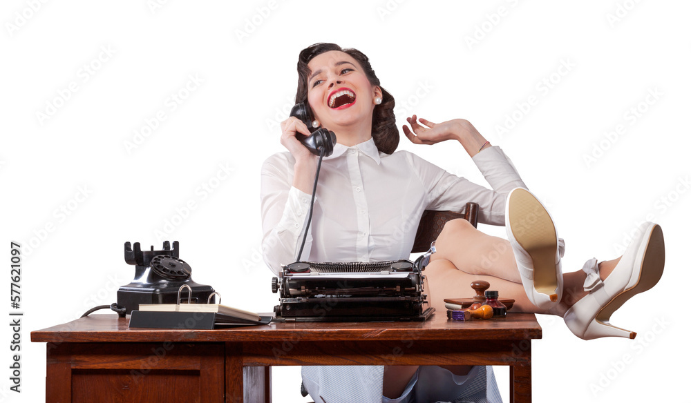 Lazy vintage style secretary having phone calls - obrazy, fototapety, plakaty 
