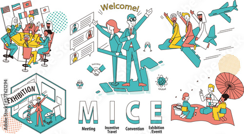日本で行われるビジネスイベント（MICE）展示会や国際会議、体験を表現したメインビジュアルイラスト