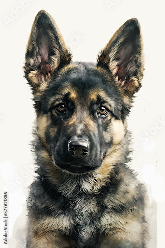 Watercolor portrait of a cute german shepherd dog puppy created using generative AI tools