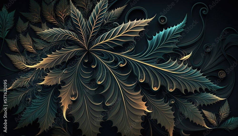 Beautiful Designer 420 Cannabis Seasonal Background with Fractal patterns Dark color Modern Wallpaper Template with Vibrant Hues for Presentation, Ad, and All Applications (generative AI)