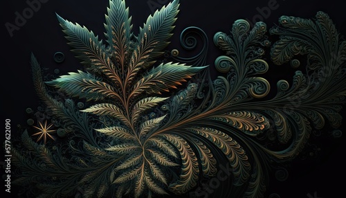 Beautiful Designer 420 Cannabis Seasonal Background with Fractal patterns Dark color Modern Wallpaper Template with Vibrant Hues for Presentation  Ad  and All Applications  generative AI 
