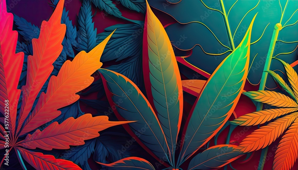 Beautiful Designer 420 Cannabis Seasonal Background with Graphic illustrations Bright color Modern Wallpaper Template with Vibrant Hues for Presentation, Ad, and All Applications (generative AI)