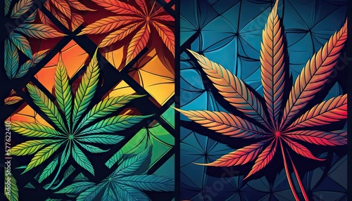 Beautiful Designer 420 Cannabis Seasonal Background with Grid patterns Bold color Modern Wallpaper Template with Vibrant Hues for Presentation, Ad, and All Applications (generative AI)