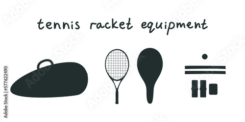 Flat vector silhouette illustration. Hand drawn tennis equipment, racket, bag, grip, protection