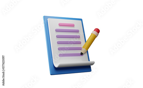 3D rendering illustration Cartoon minimal white sheet, clipboard and pencil floating, Document. working plan to success. Business time document marking task. Planning and organization of work.