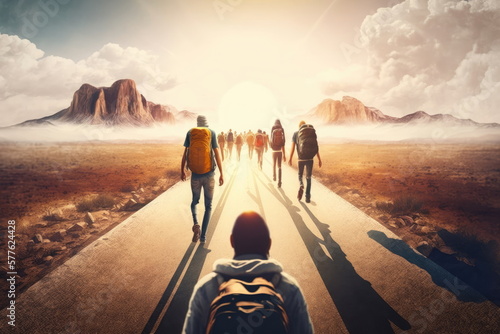 people walking towards on the road  travel concept  Made by AI  Artificial intelligence