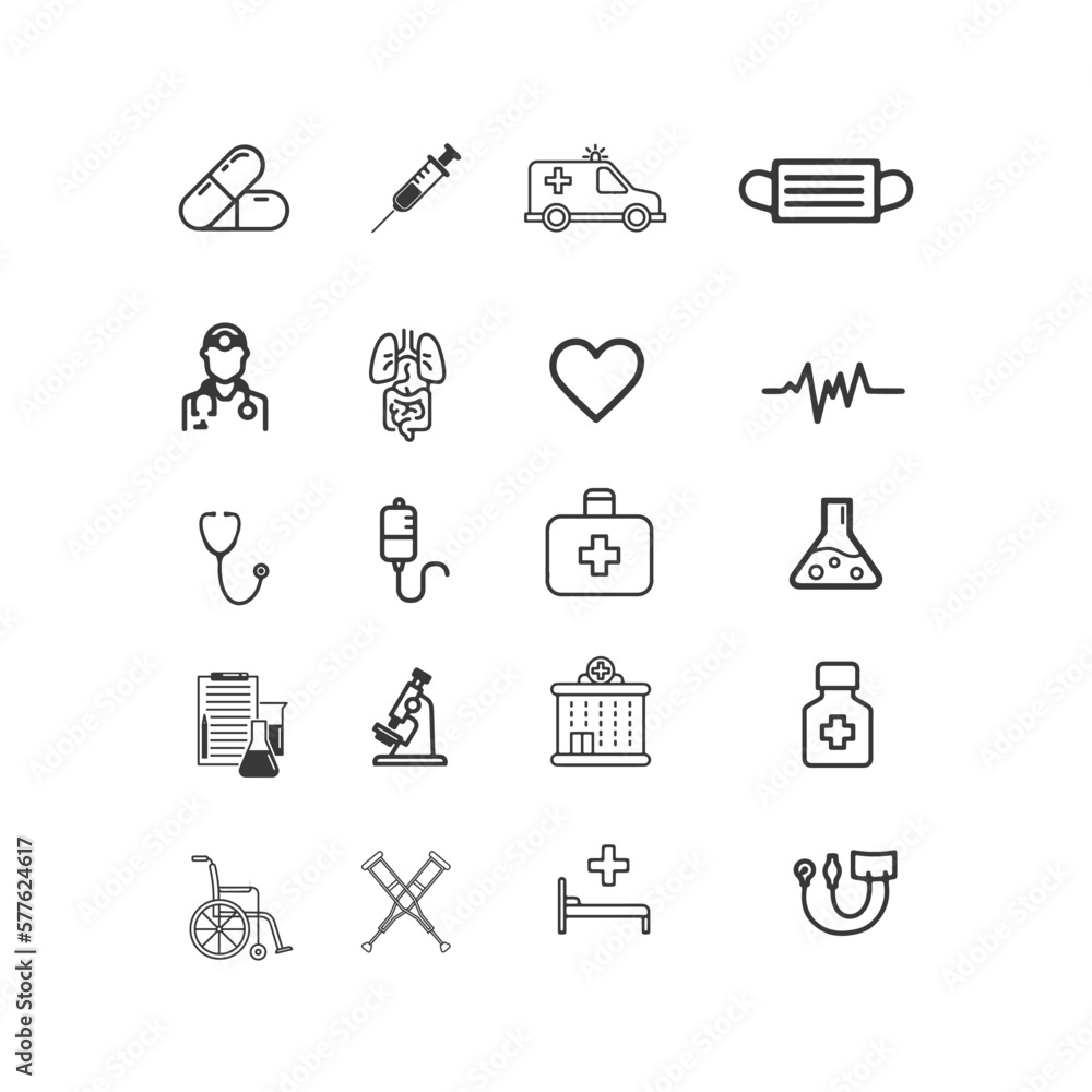 Fototapeta premium Medical Icon Set. Vector line icons for your digital or print projects. covid-19. health. wash your hand. mask.