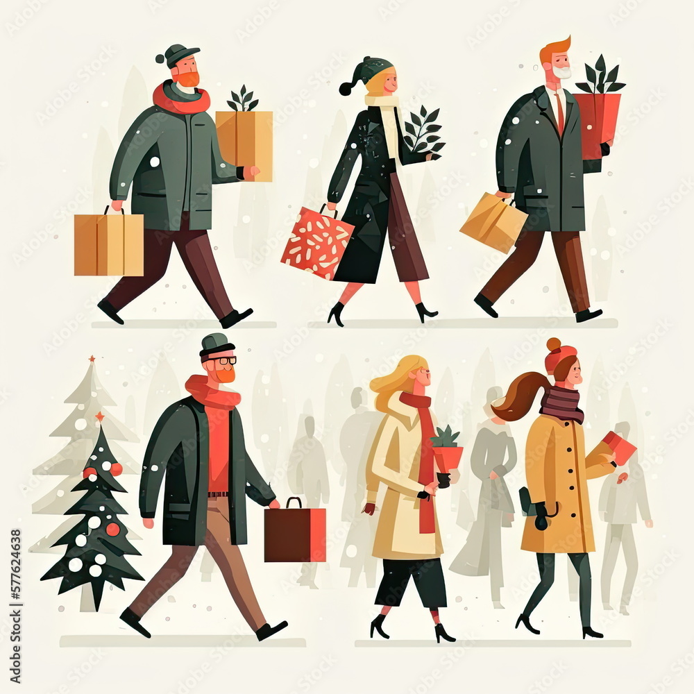 people walking and carrying gift boxes, presents, happy character in warm clothes, Christmas trees, Xmas and New Year eve, vector illustration, Made by AI,Artificial intelligence
