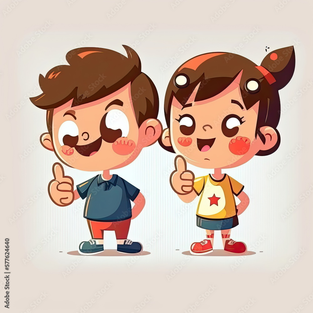 Thumb up signal, boy and girl cartoon character, vector illustration ...