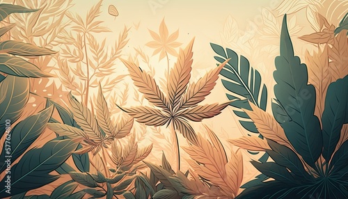 Beautiful Designer 420 Cannabis Seasonal Background with Simple illustrations Light color Modern Wallpaper Template with Vibrant Hues for Presentation, Ad, and All Applications (generative AI)