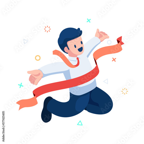 Isometric Businessman Jumping Cross The Finish Line
