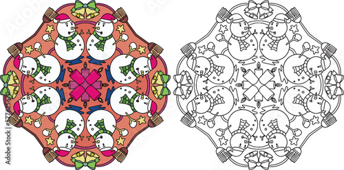 Hand-drawn. Snowman cartoon and candles mandala. Doodles art for Merry Christmas or Happy new year card. Coloring page for adult and kids.
