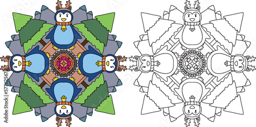 Hand-drawn. Penguin cartoon and Christmas tree mandala. Doodles art for Merry Christmas or Happy new year card. Coloring page for adult and kids.
