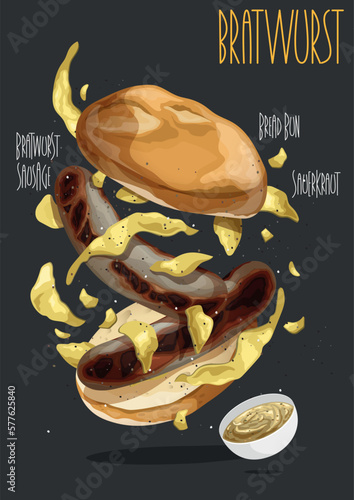 Grilled bratwurst with sauerkraut on a bun and mustard. Vector illustration