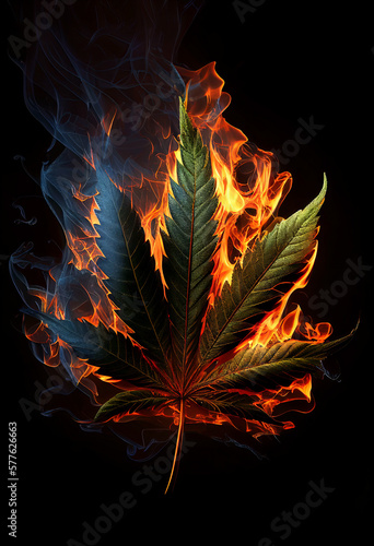 Marijuana leaf on fire. Black background. Generative AI.