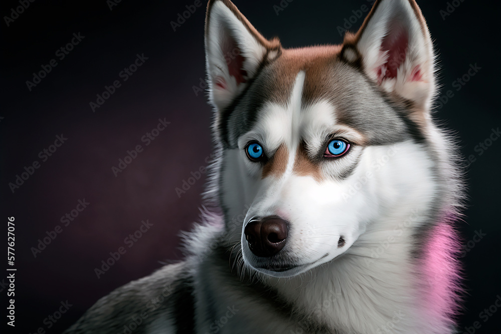 Female Siberian husky dog with beautiful fur and blue eyes. Generative AI