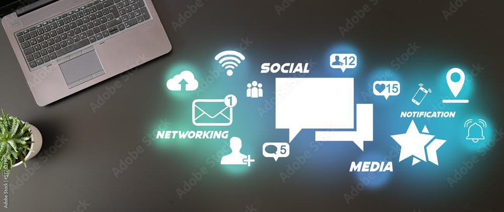 Social media theme with person using a laptop on a white table Social media theme with person using a laptop on a white table