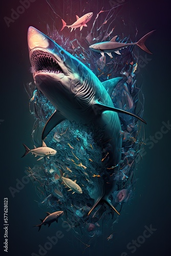Cool, Epic, Artistic, Beautiful, and Unique Illustration of Shark Animal Cinematic Adventure: Abstract Background with Majestic Wildlife and Futuristic Design (generative AI) © Get Stock