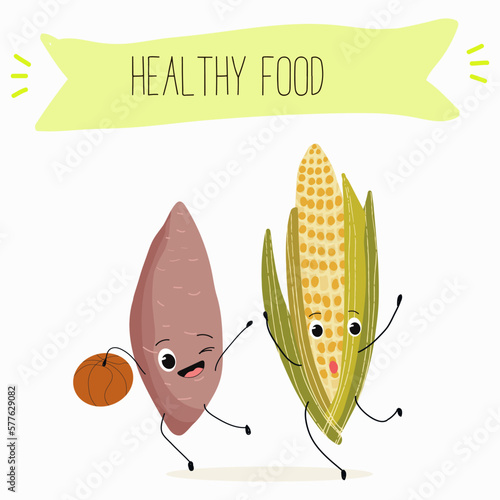 Illustration with corn, cob, mascot, maize,   corncob, sweet potato, yam funny characters    Funny and healthy food. Vitamins, cute face food, ingredients, vegetarianism, vector cartoon, antioxidant.