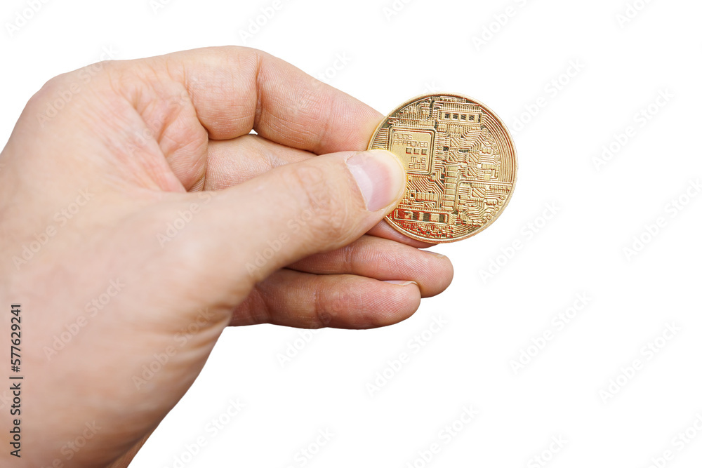 hand on white background holding bitcoin cryptocurrency hand on white background holding bitcoin cryptocurrency