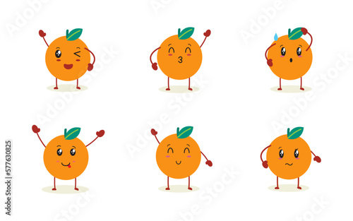 Set of cute orange characters with different emotions, poses cartoon faces collection. vector illustration.