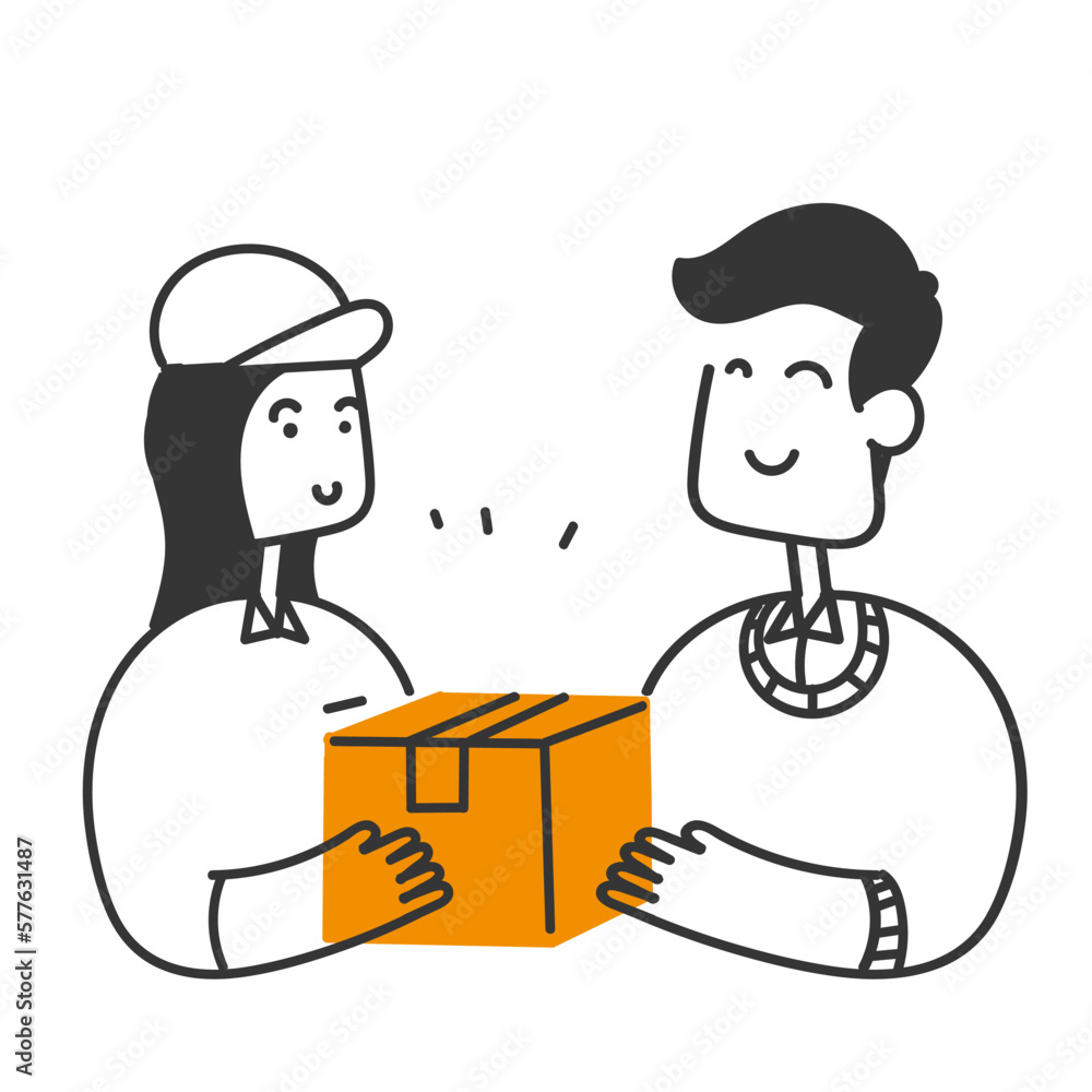 hand drawn doodle Courier giving shipping box to customer illustration vector