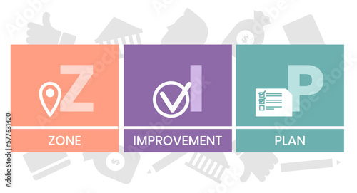 ZIP - Zone Improvement Plan the acronym to indicate that mail travels more quickly when senders mark the postal code on their packages and envelopes, text concept background